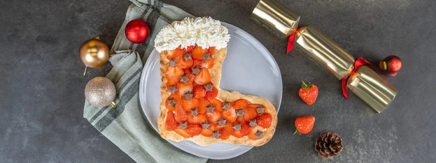 Strawberry and Vanilla Christmas Stocking Dessert Pizza